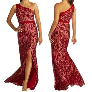 Galina Signature Sequin Lace One Shoulder Sheath Gown Size 18